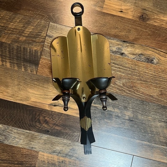 Other - Vintage Brass, wood & Wrought Iron Wall Sconces 2 Taper Candle holders